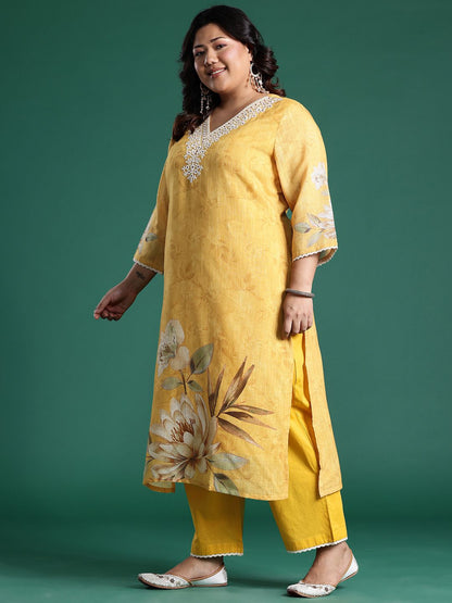 Dhiyona Women's Plus Size Floral Print Regular Thread Work Kurta with Palazzos & Dupatta