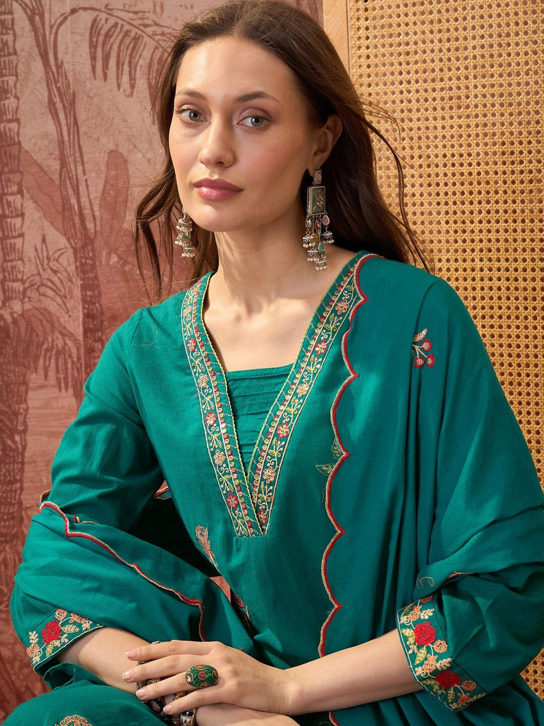 Embroidered Square Neck Kurta & Trousers With Dupatta