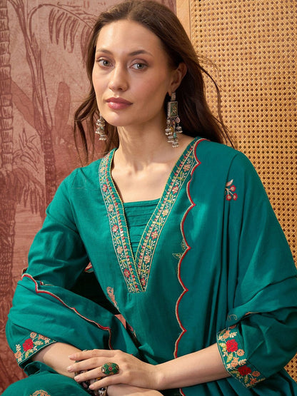 Embroidered Square Neck Kurta & Trousers With Dupatta