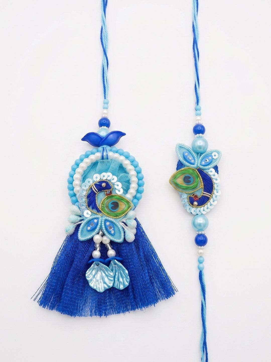 Dhiyona Set Of 2 Peacock Design Bhaiya Bhabhi Rakhi With Roli Chawal Chandan Mishri