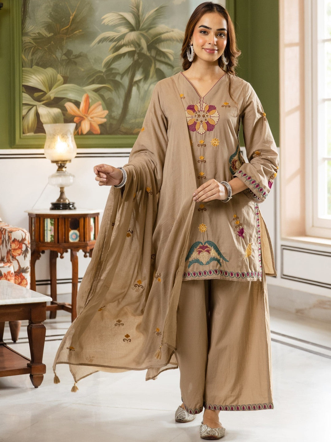 Embroidered Pure Cotton V-Neck Kurta Trousers & Dupatta
