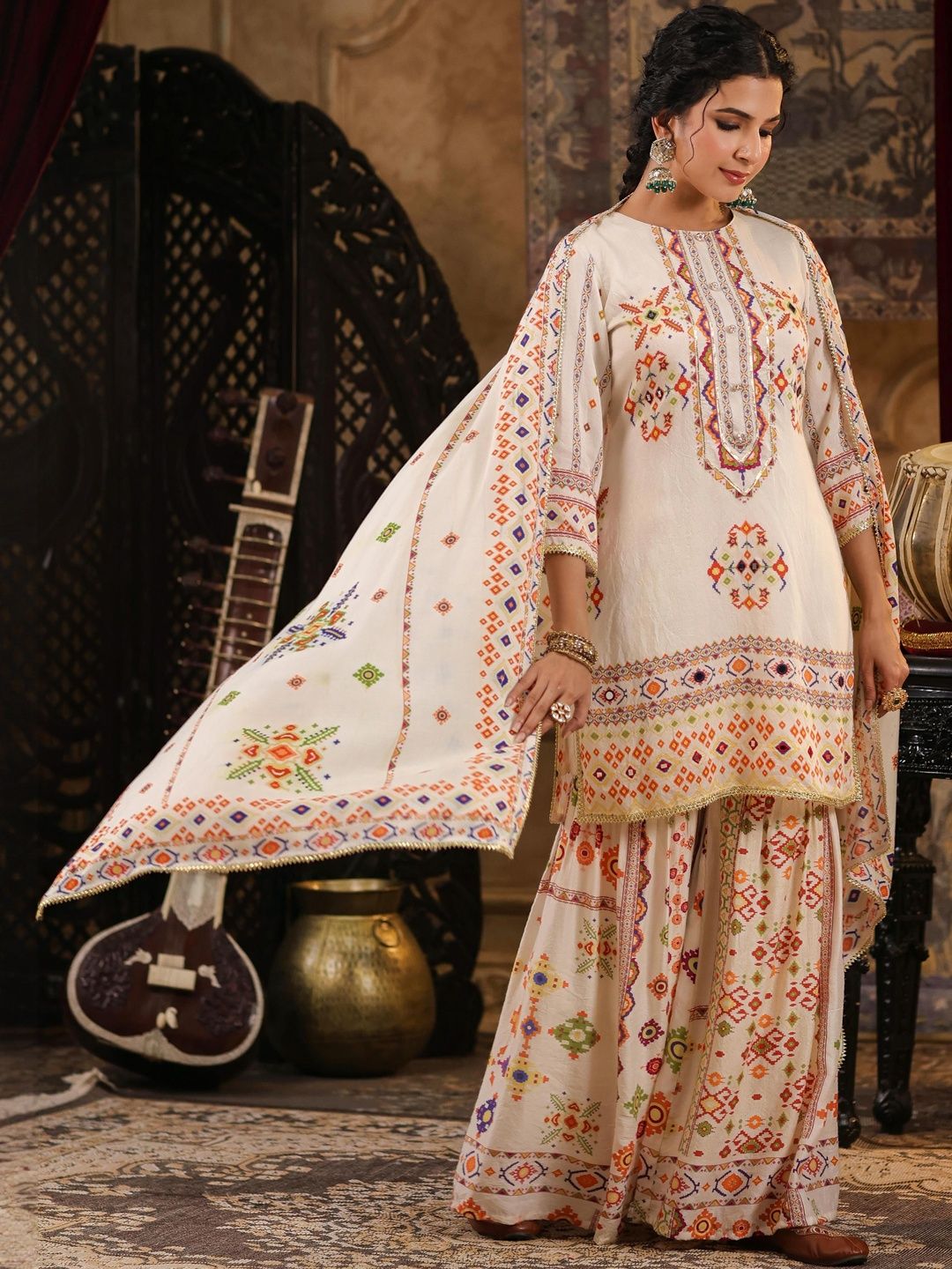Dhiyona SC Women Ivory Printed Patola Mirror Work Chanderi Silk Kurta & Sharara With Dupatta
