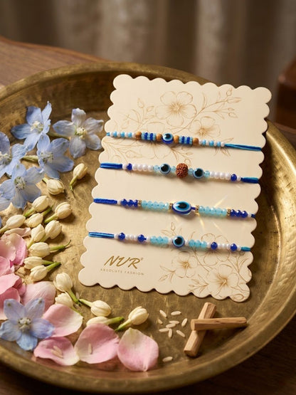 Dhiyona Set Of 4 Blue Evil Eye Thread Rakhi With Roli Chawal Chandan Mishri