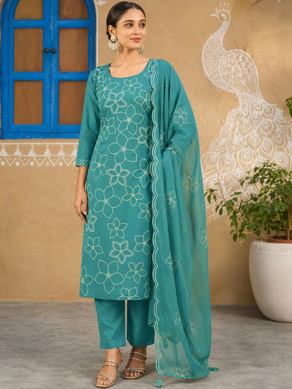 Embroidered Silk Blend Round Neck Kurta & Trousers With Dupatta