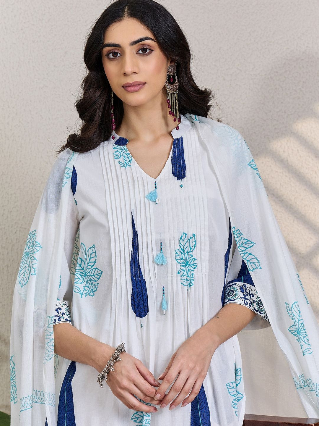 Women Ethnic Motifs Printed Pleated Pure Cotton Kurta with Trousers & With Dupatta