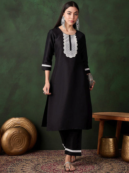 Black Floral Embroidered Three-Quarter Sleeves Chikankari Work Kurta With Trouser