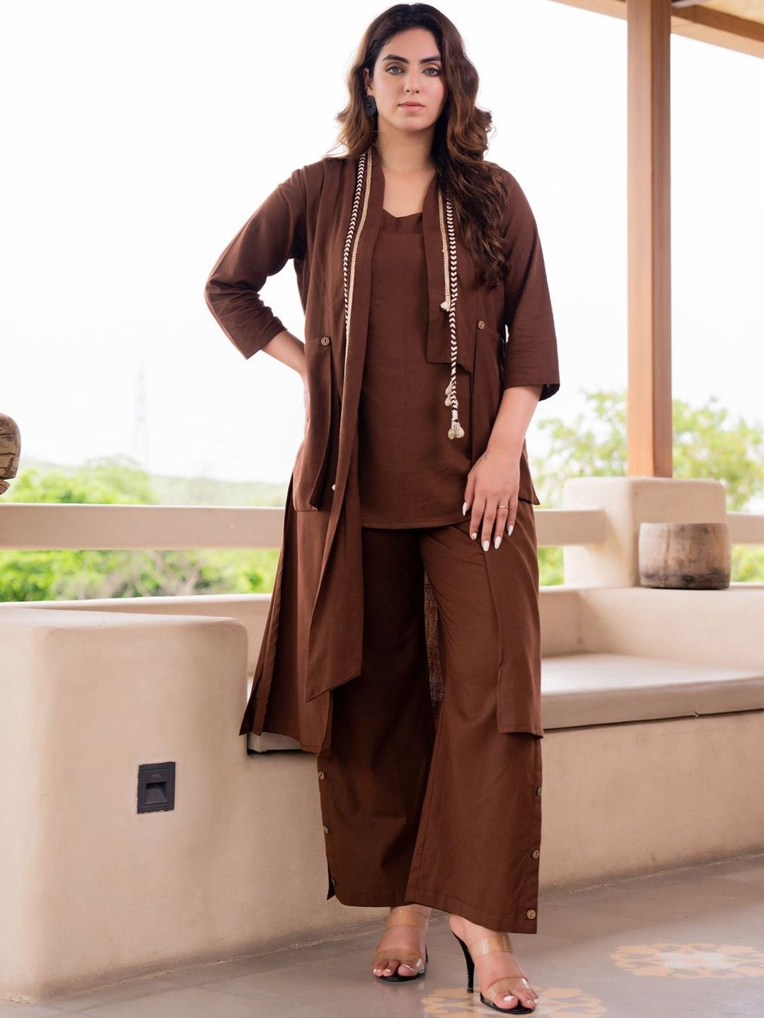 Dhiyona IE Layered Pure Cotton Scoop Neck Top And Palazzos With Jacket