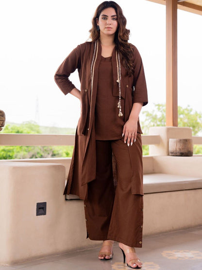Dhiyona IE Layered Pure Cotton Scoop Neck Top And Palazzos With Jacket