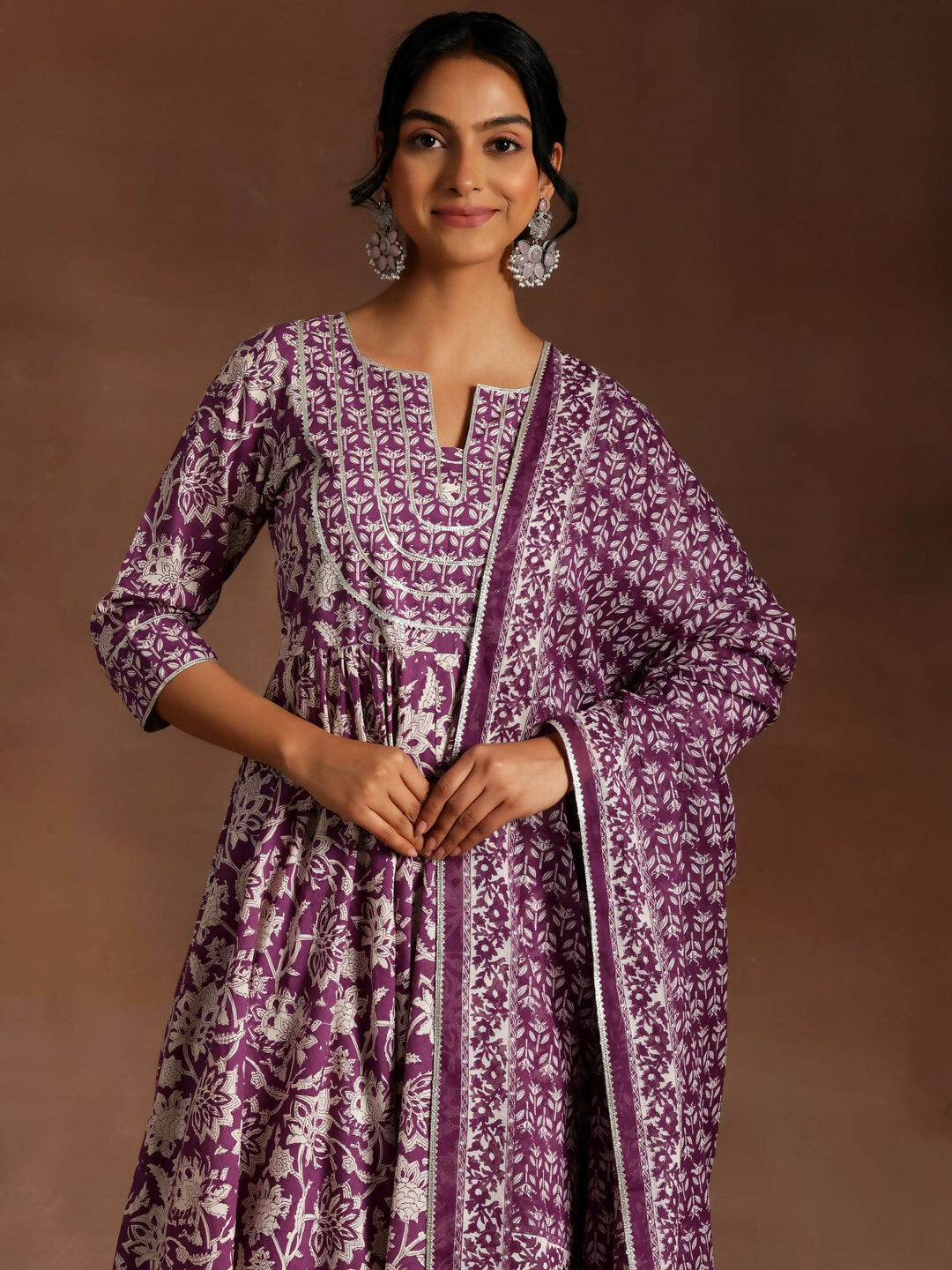 Women's LB Purple Printed Cotton Anarkali Suit With Dupatta