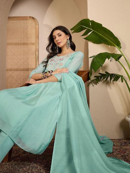 Sequence Thread Embroidered Round Neck Kurta & Trousers with Dupatta Set