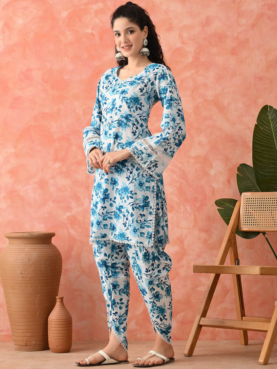 Women Floral Printed Cotton Kurta with Dhoti Pant