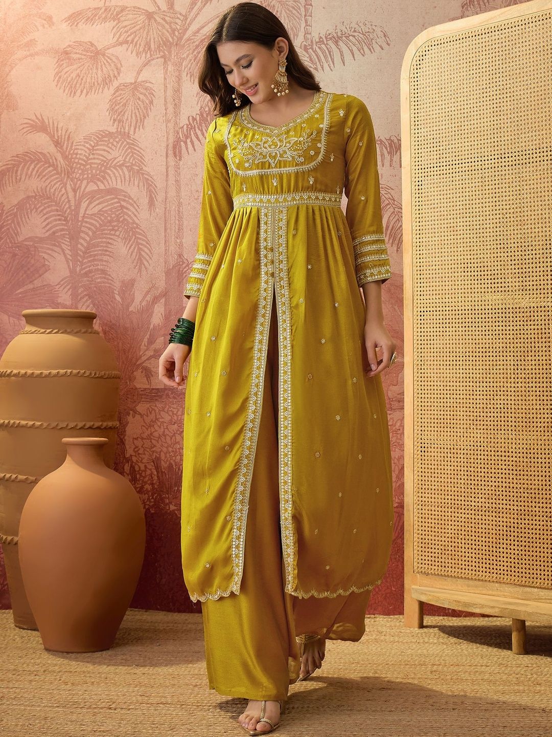 Dhiyona SN Embroidered Round Neck Kurta & Palazzos Kurta Sets