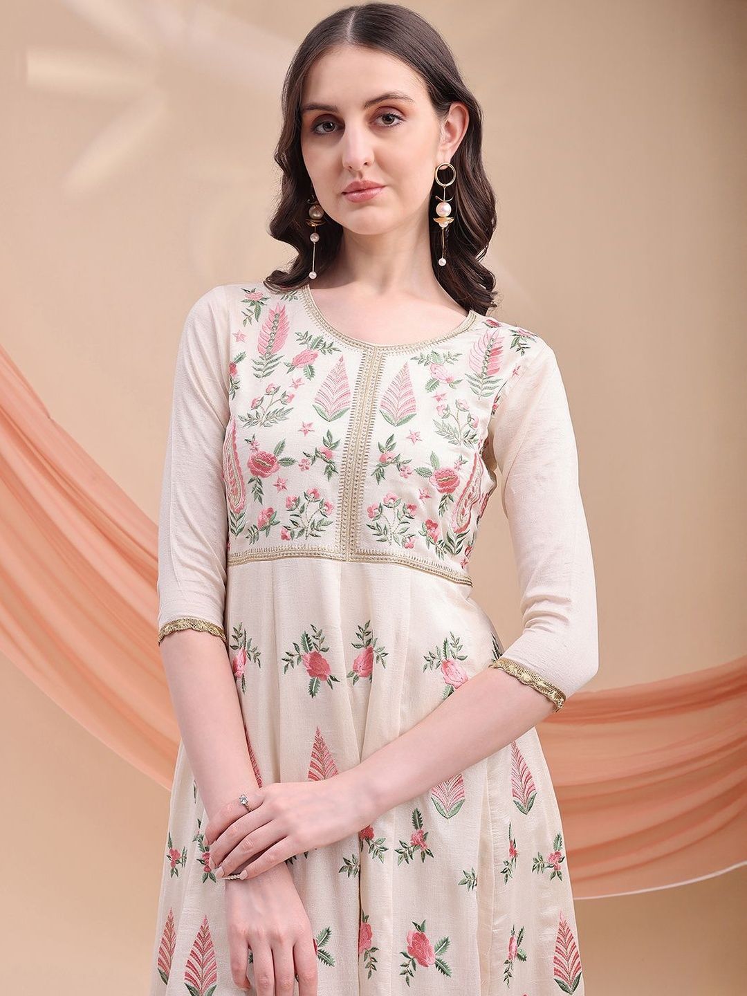Dhiyona KL Floral Printed Thread Work Pure Silk Anarkali Kurta With Palazzos & Dupatta