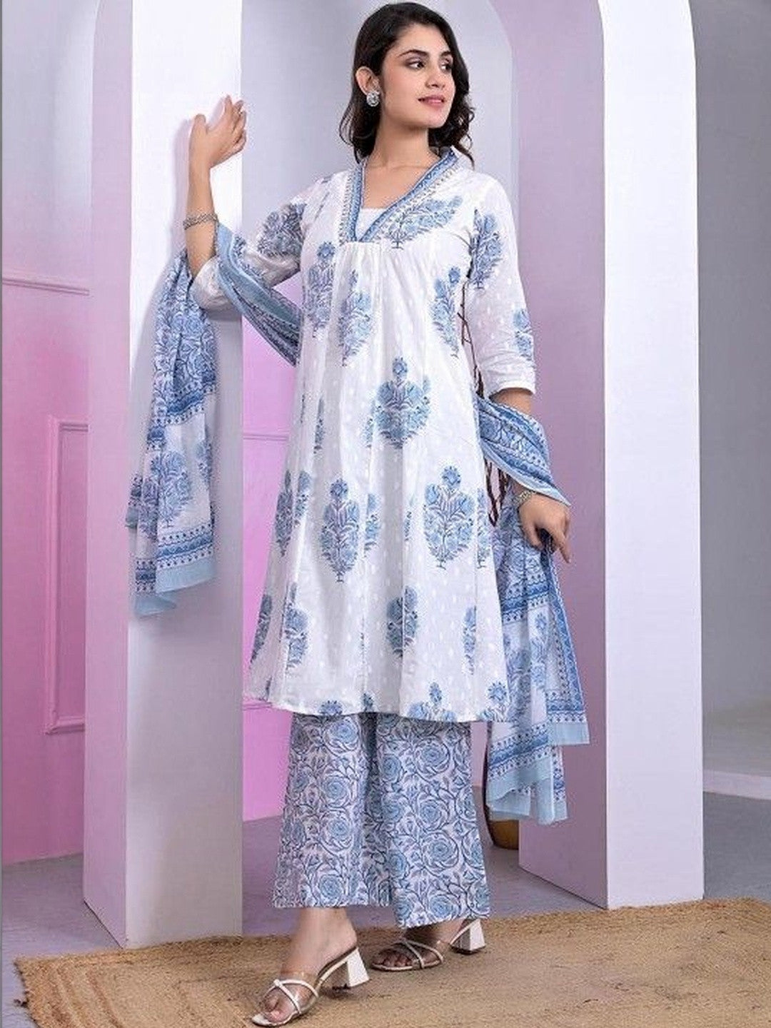 Printed Pure Cotton V-Neck Kurta & Palazzos Kurta Set