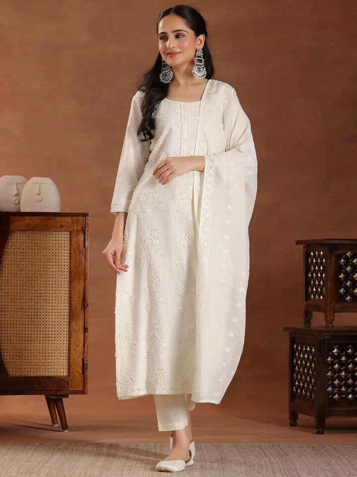 Women's LB Off White Embroidered Cotton Straight Suit With Dupatta