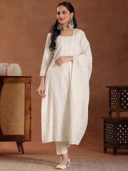 Women's LB Off White Embroidered Cotton Straight Suit With Dupatta