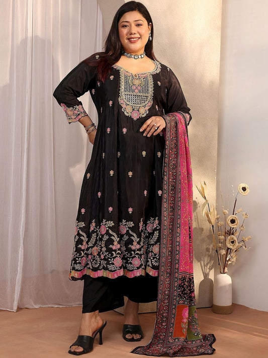 Dhiyona Women's Plus Size Floral Embroidered Kurta with Trousers & With dupatta