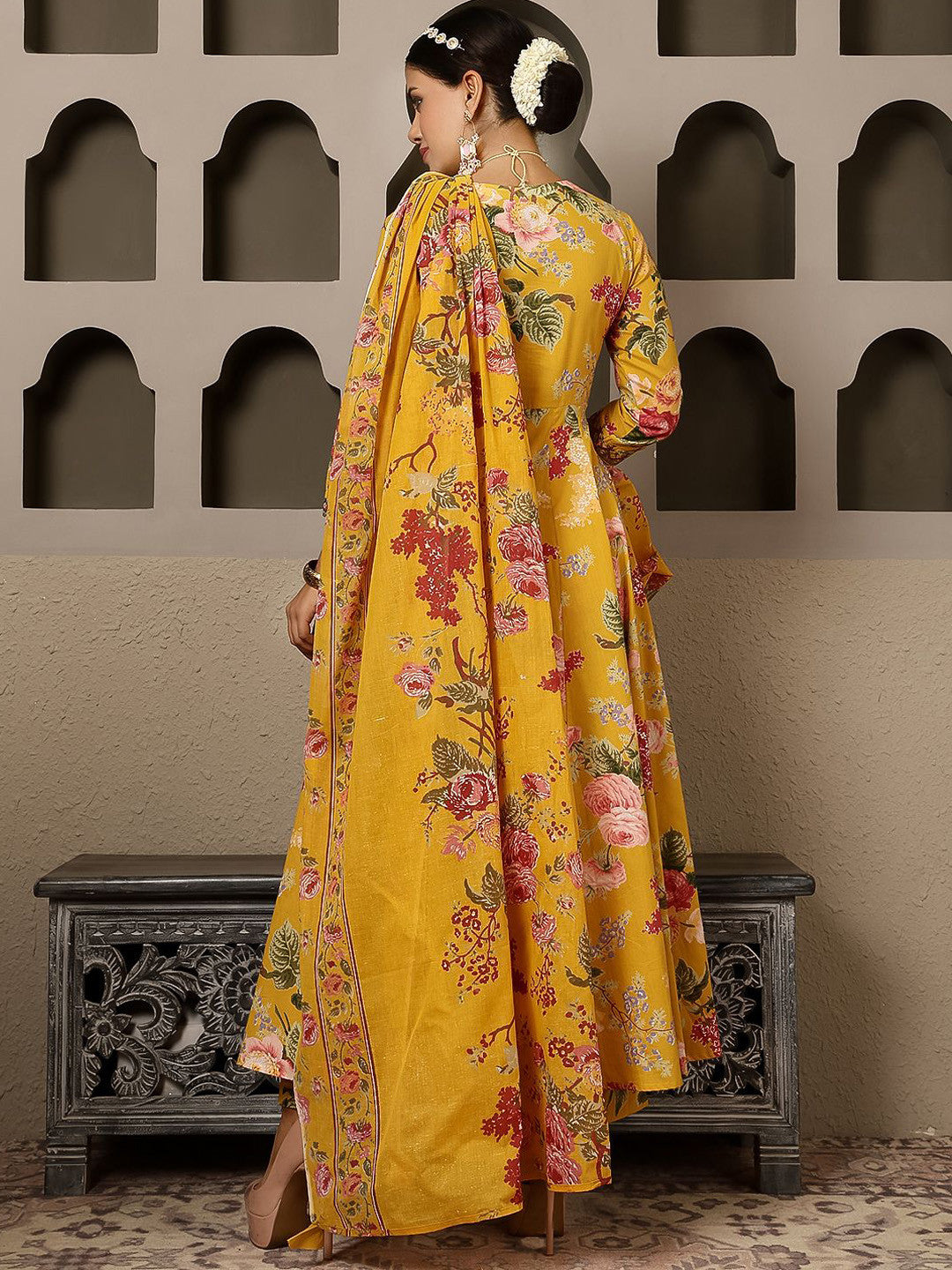 Women Floral Printed Pure Cotton Anarkali Kurta with Trouser & Dupatta