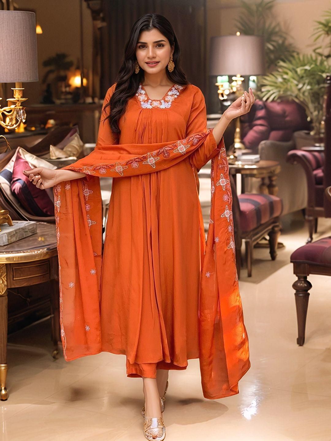 Dhiyona KL Women Orange Rayon Blend Embroidered Anarkali Kurta Set With Dupatta