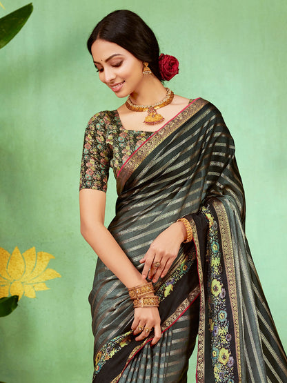 Women's Soft Silk Grey Embellished Designer Saree With Blouse Piece