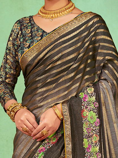 Women's Soft Silk Grey Embellished Designer Saree With Blouse Piece