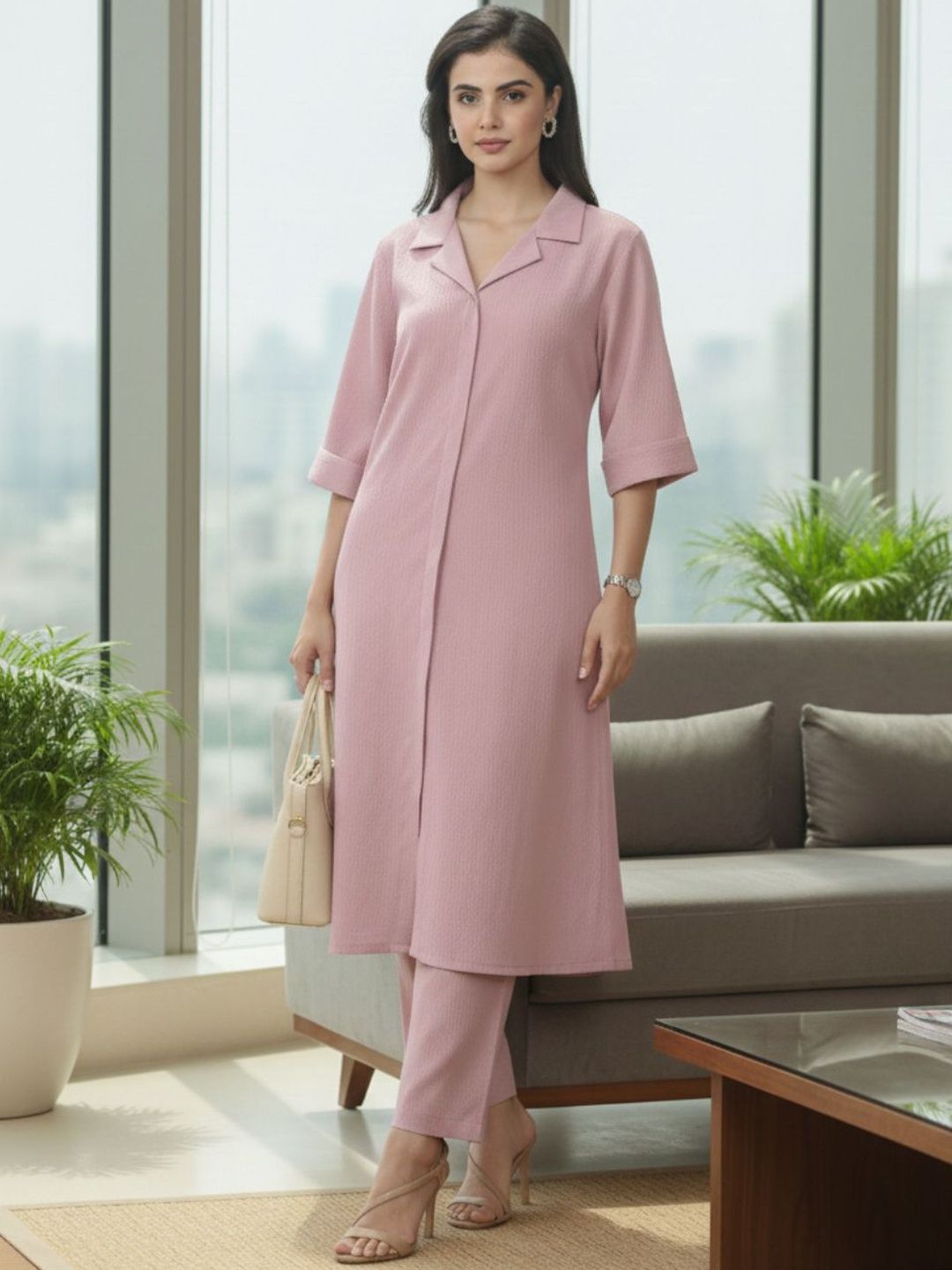 Pink Women Regular Silk Crepe Kurta with Trousers