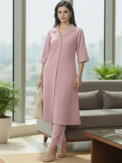 Pink Women Regular Silk Crepe Kurta with Trousers