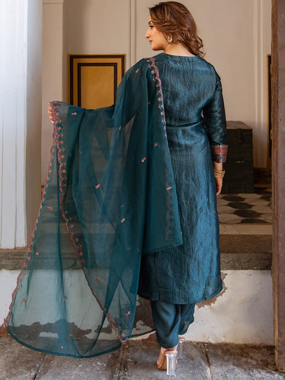 Floral Embroidered Notch Neck Sequinned Straight Kurta With Trousers & Dupatta