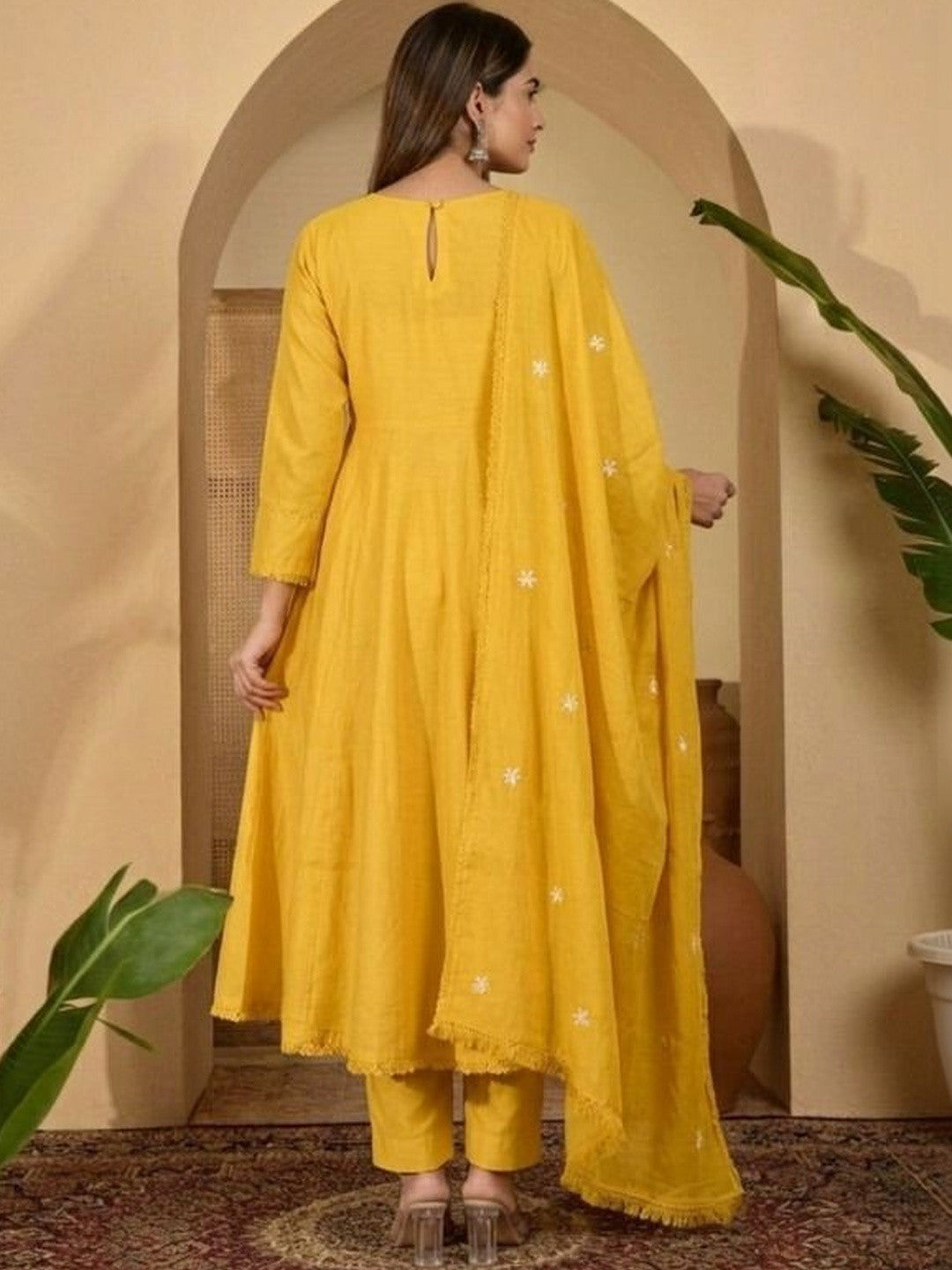 Embroidered Pure Cotton V-Neck Kurta & Trousers With Dupatta