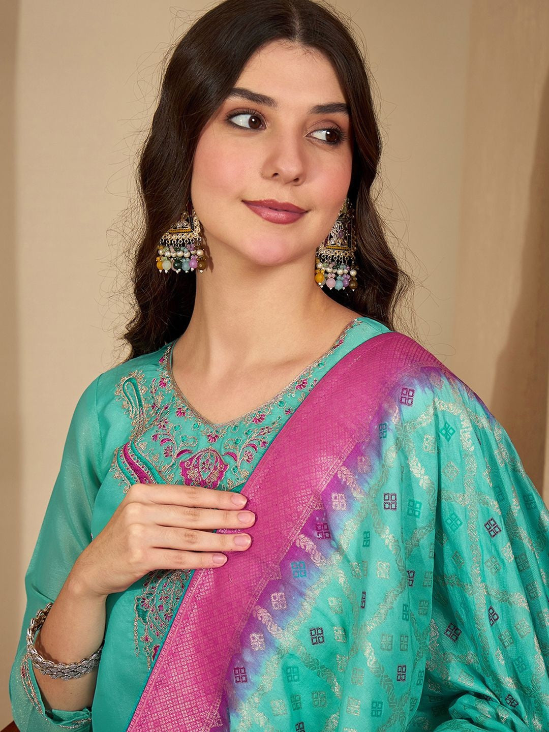 Women Ethnic Motifs Embroidered Regular Thread Work Kurta with Trousers & With Dupatta