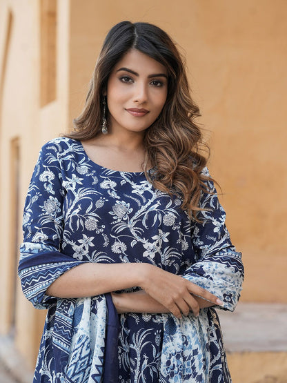 Dhiyona KL Floral Printed Pure Cotton Anarkali Kurta with Trousers & Dupatta