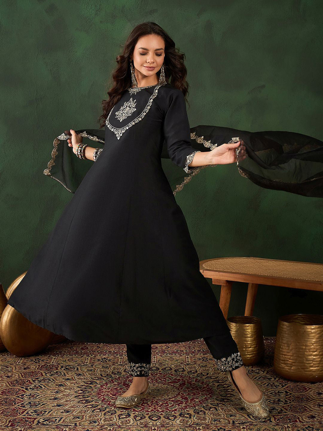 Black Floral Embroidered Round Neck Zari A-Line Kurta With Trouser & Dupatta