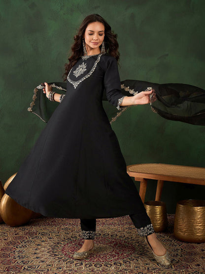 Black Floral Embroidered Round Neck Zari A-Line Kurta With Trouser & Dupatta