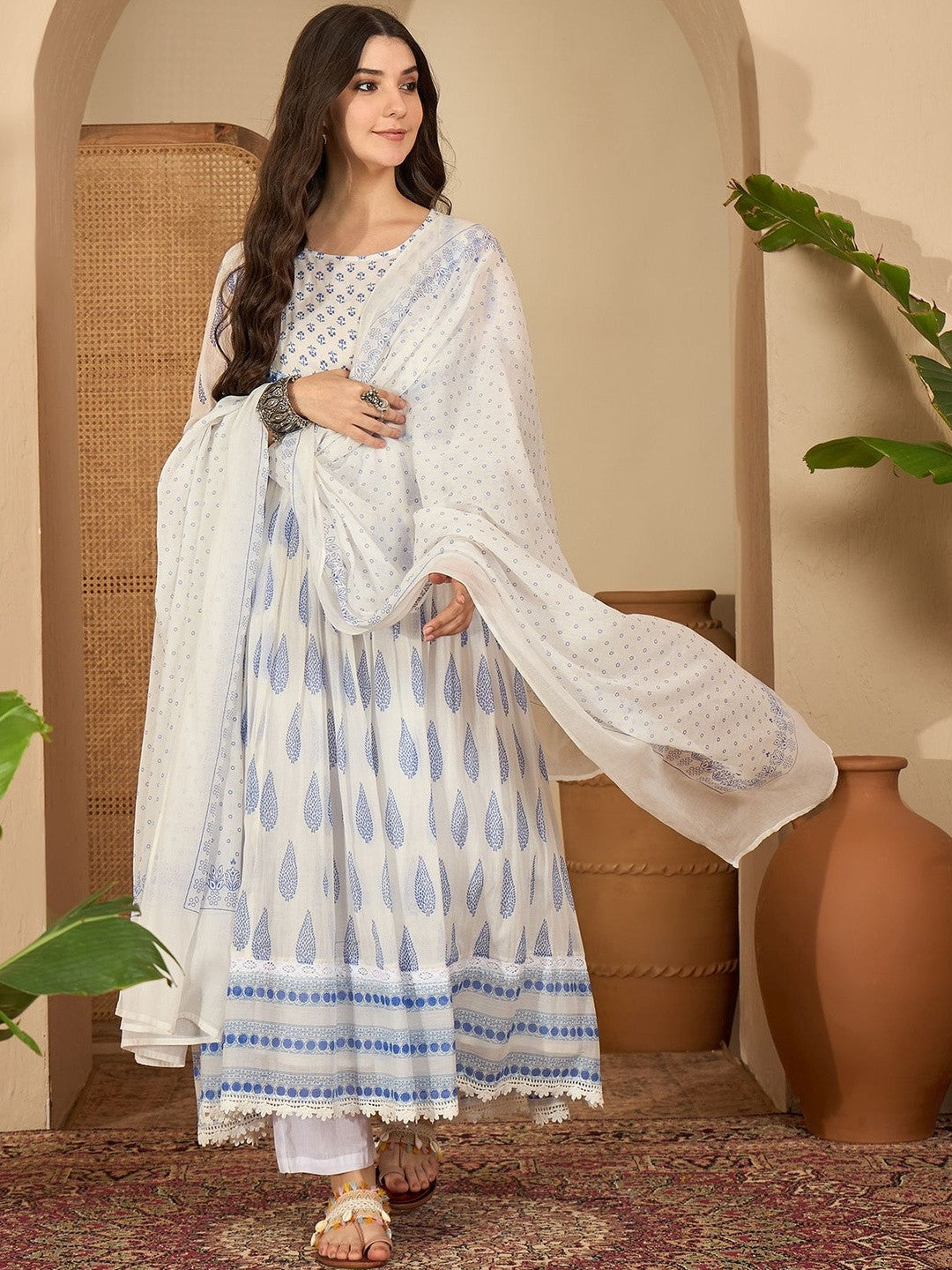Dhiyona SN Women Cream & Indigo Blue Cotton Blend Ethnic Motifs Anarkali Kurta Set