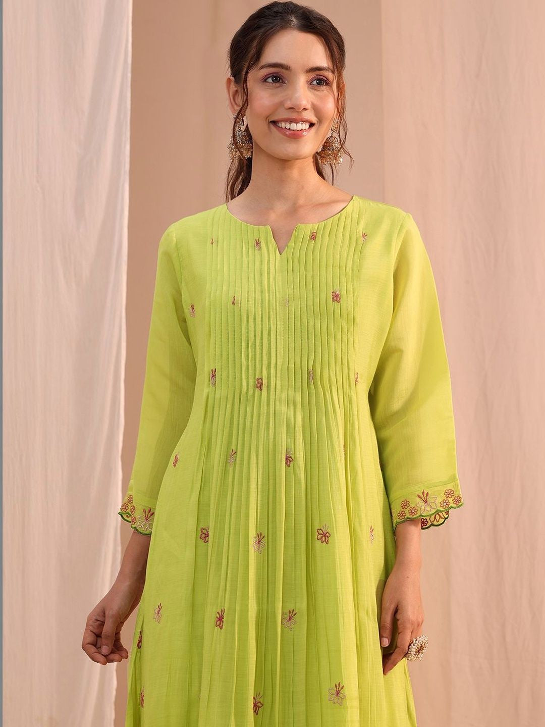 Women Floral Embroidered Pleated Thread Work Chanderi Cotton Kurta with Palazzos & With Dupatta