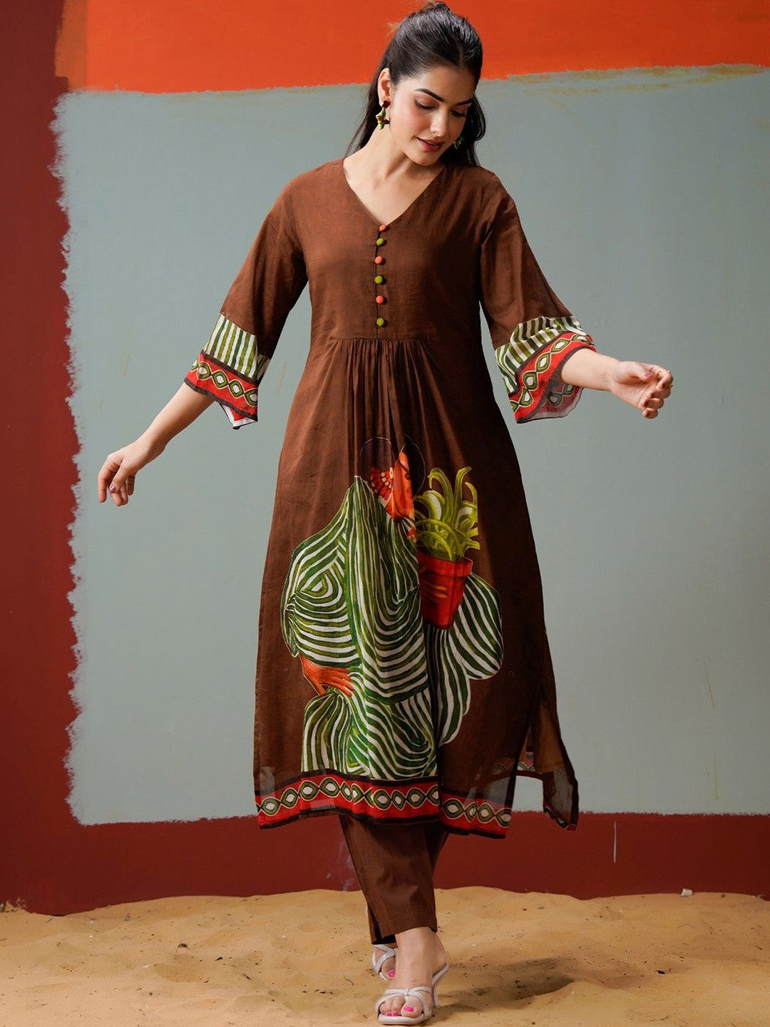 Brown Printed A-line Kurta Trousers Set