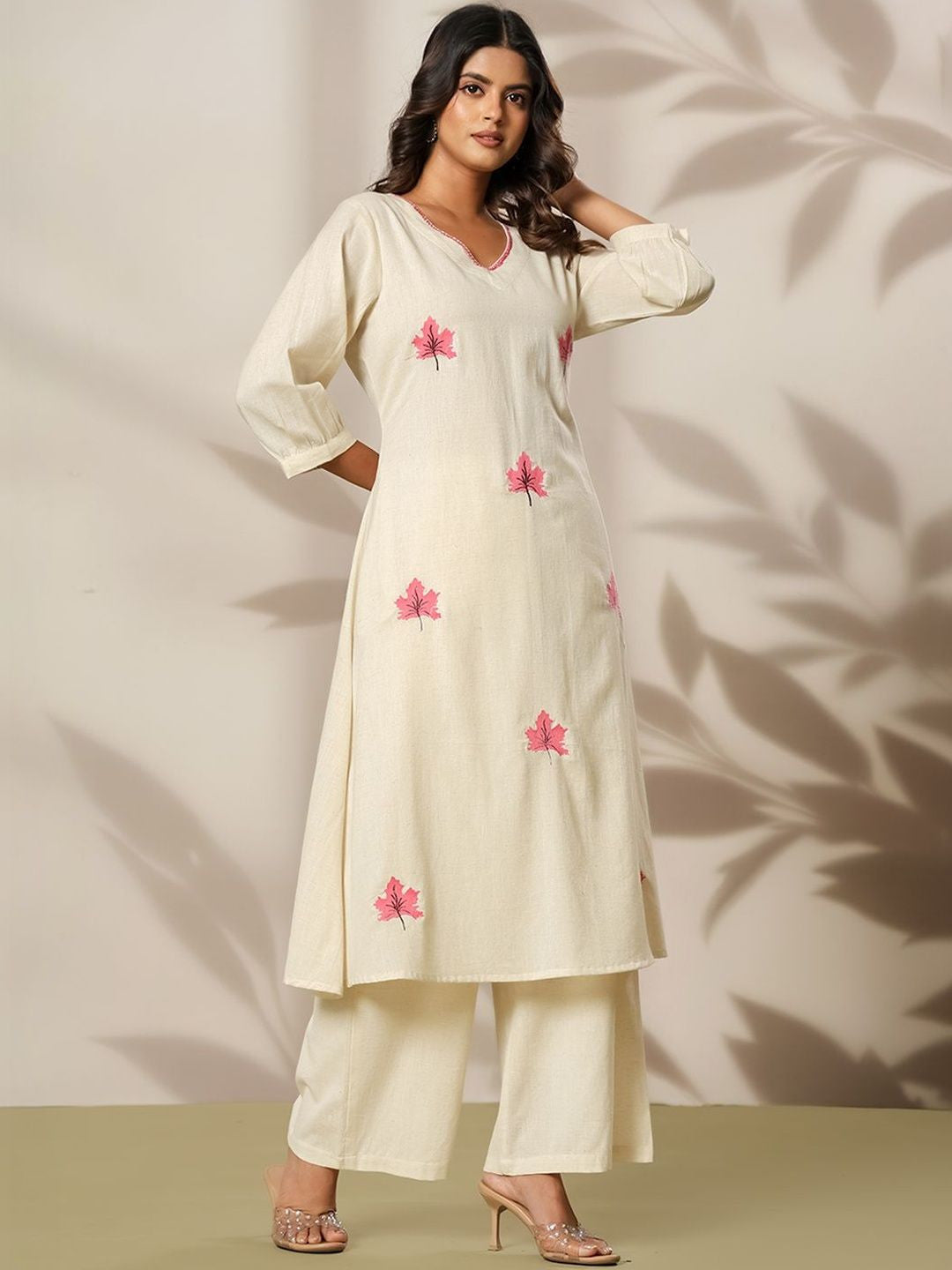 Embroidered V-Neck Kurta & Trousers