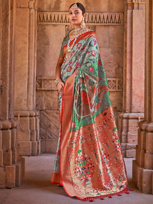 Women's Silk Blend Light Green Woven Design Designer Saree With Blouse Piece