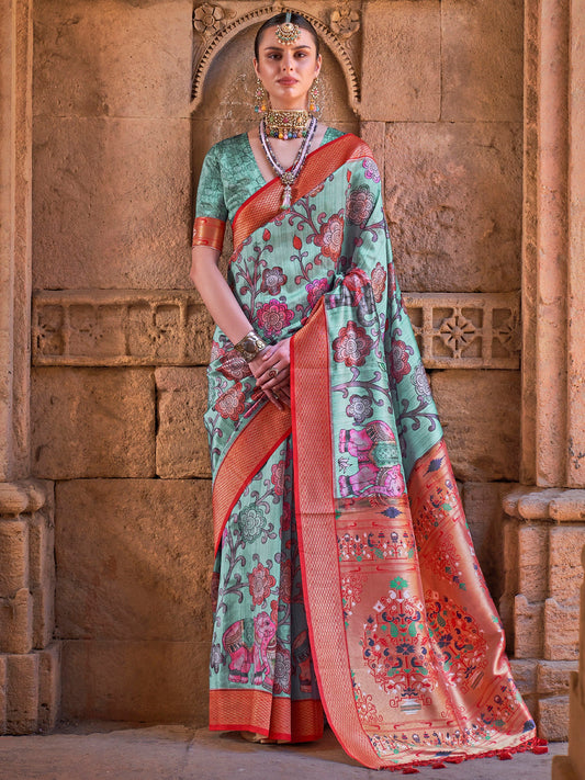 Women's Silk Blend Turquoise Woven Design Designer Saree With Blouse Piece