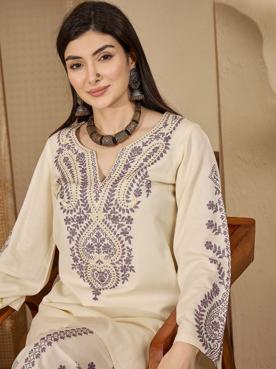 Paisley Yoke Design Flared Sleeves Jacquard Pashmina Wool Kurti With Palazzos