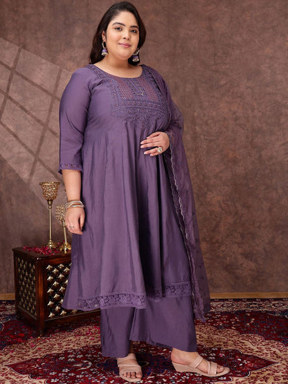 Dhiyona IN Floral Yoke Design Thread Work Anarkali Kurta With Palazzos & With Dupatta