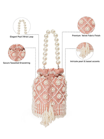 Dhiyona NR Pearls Embroidered Embellished Velvet Potli Clutch