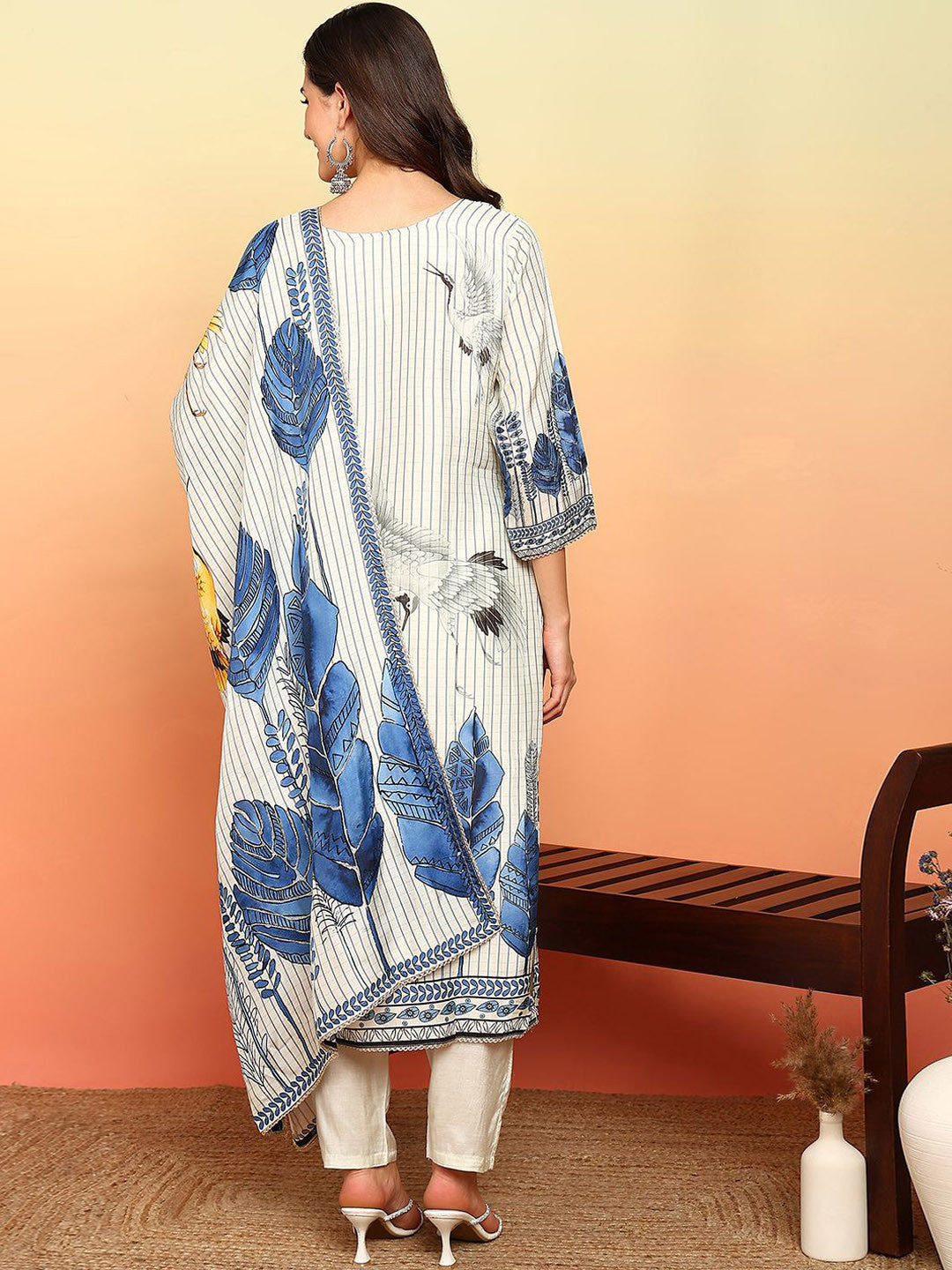 Floral Printed Thread Work Art Silk Straight Kurta With Trousers & Dupatta