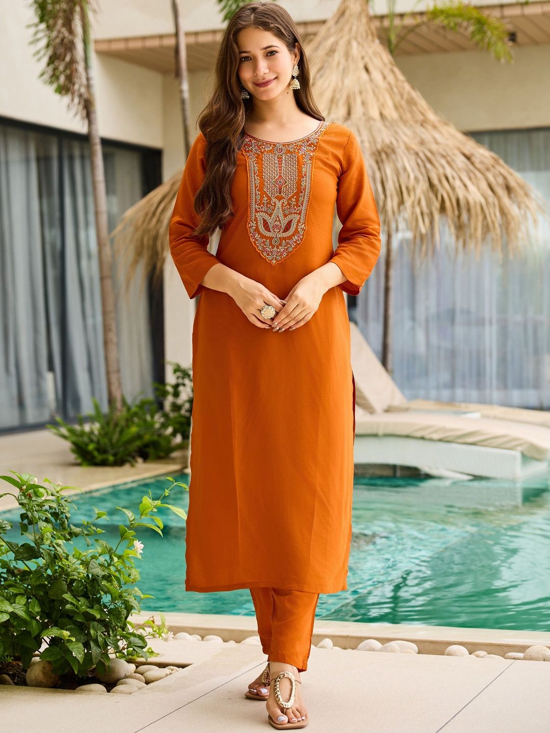 Dhiyona KL Women Orange Ethnic Motifs Embroidered Viscose Rayon Kurta With Trouser & Dupatta