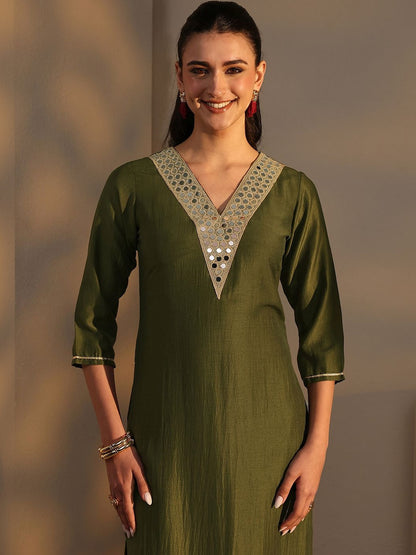 Green Mirror Work Yoke Design Straight Kurta Set
