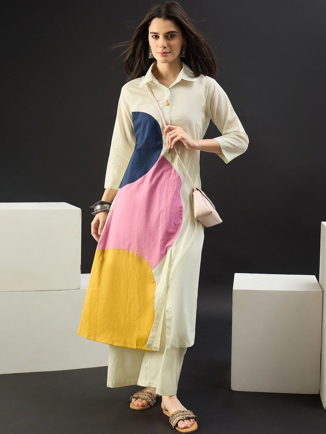 Women Colourblocked Panelled Pure Cotton Kurta with Palazzos