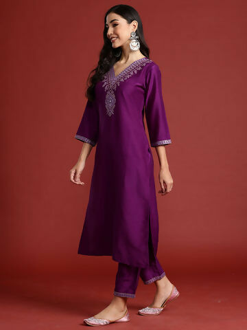 Women's Purple yoke design Kurta with Trousers with dupatta