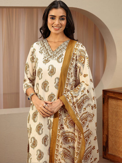 Off White Paisley Printed Cotton Blend Straight Suit Set