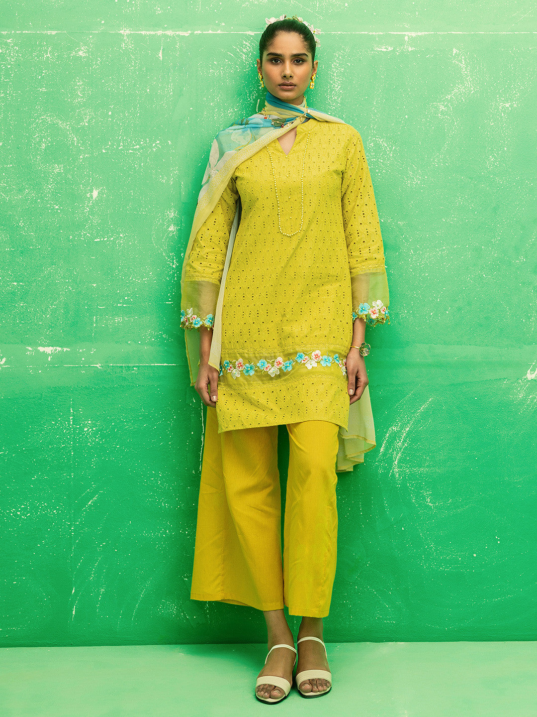 Women Lime Green Embroidered Cotton Straight Suit Set With Dupatta