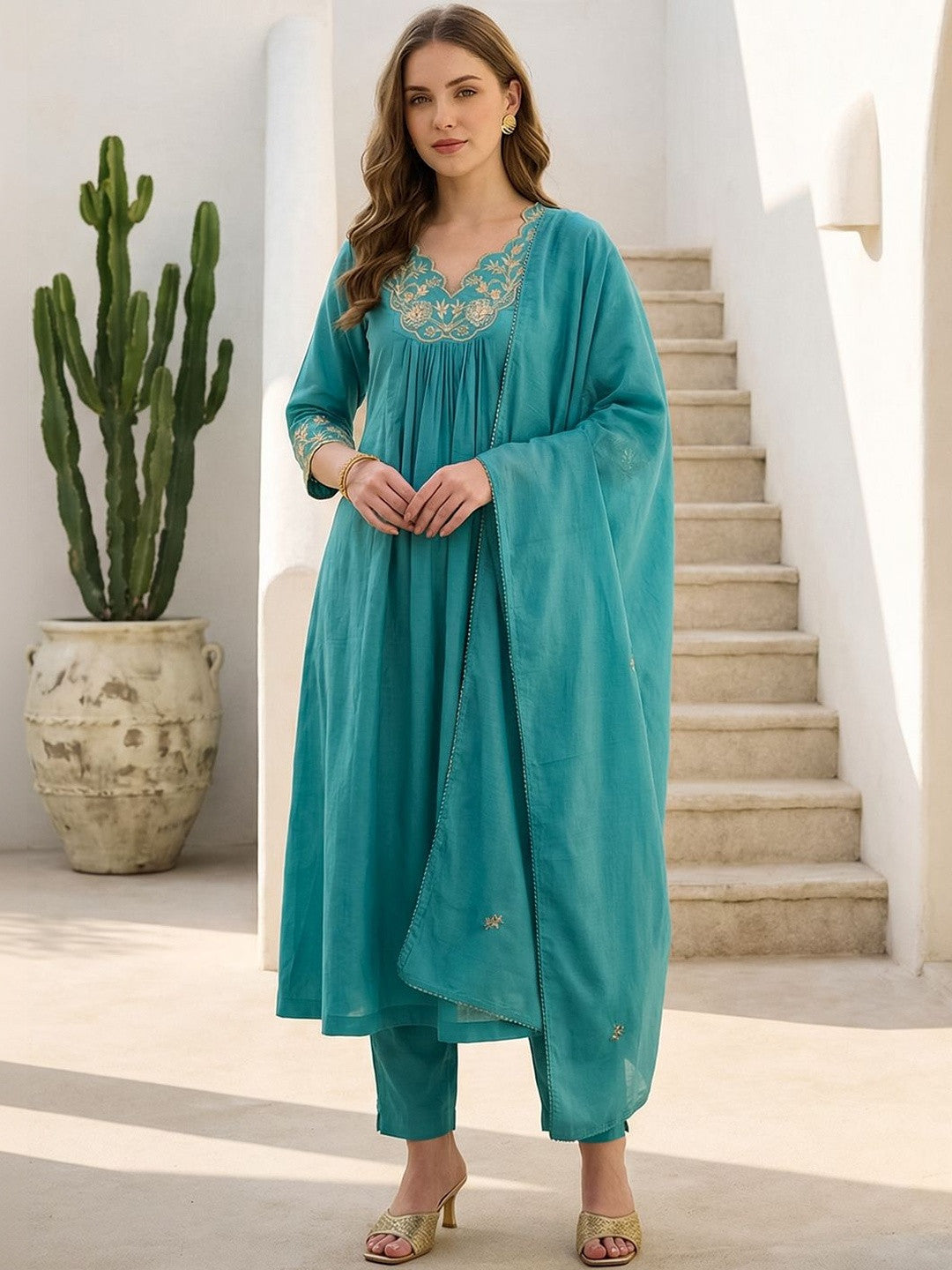 Women Ethnic Motifs Embroidered Pleated Thread Work Pure Cotton Kurta with Trousers & With Dupatta